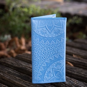 Blue Leather Vintage Long Bifold Wallet, Custom Slim Leather Wallet, Women's Engraved Wallet Like the picture