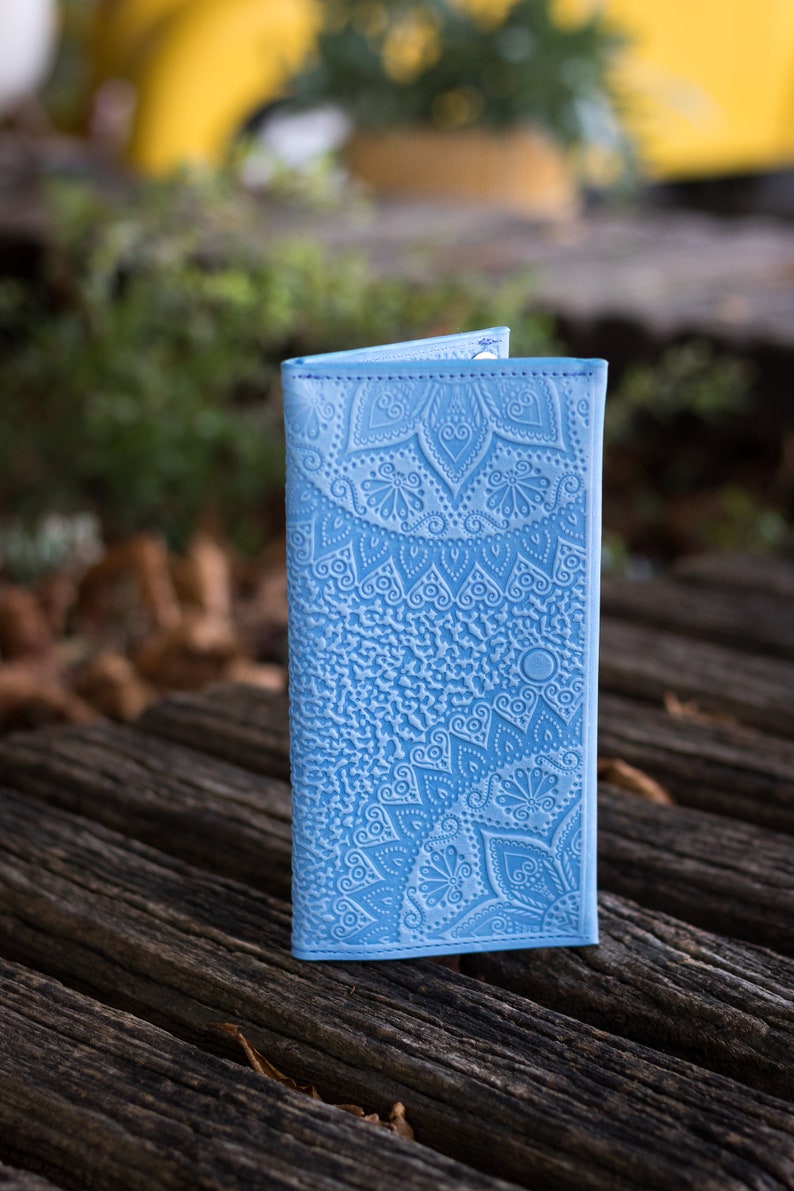 Blue Leather Vintage Long Bifold Wallet, Custom Slim Leather Wallet, Women's Engraved Wallet Like the picture