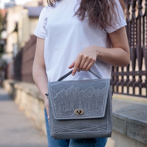 Leather briefcase Grey women bag Embossed bag bag with an ornament Capacious bag Shoulder bag image 7