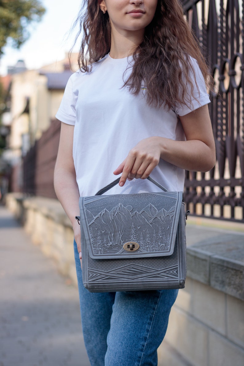 Leather briefcase Grey women bag Embossed bag bag with an ornament Capacious bag Shoulder bag image 7
