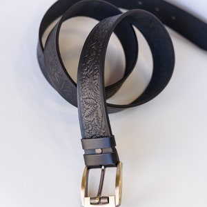 Black leather belt, genuine leather belt, embossed leather belt, leather belt, unique belt, womens belt image 2
