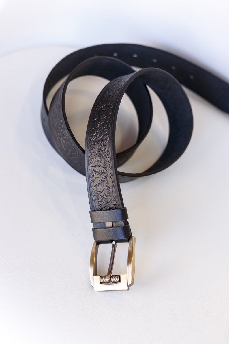 Black leather belt, genuine leather belt, embossed leather belt, leather belt, unique belt, womens belt image 2