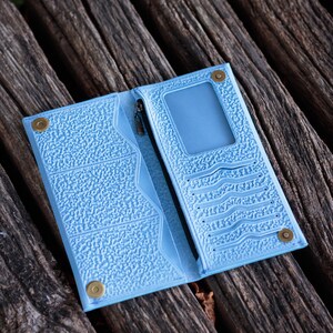 Blue Leather Vintage Long Bifold Wallet, Custom Slim Leather Wallet, Women's Engraved Wallet image 9