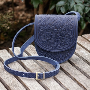 Bolso azul pequeño/Bolso de hombro de cuero/Monedero redondo para mujer/Bolso redondo hecho a mano