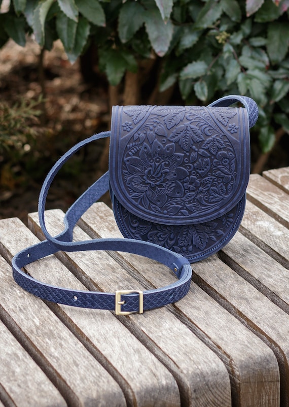 Petit sac bleu Sac main port paule en cuir Porte monnaie rond