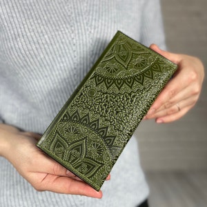 Cartera larga para mujer, Cartera de piel de oliva, Cartera de piel suave, Cartera con monedero, Cartera de mano, Cartera fina imagen 1