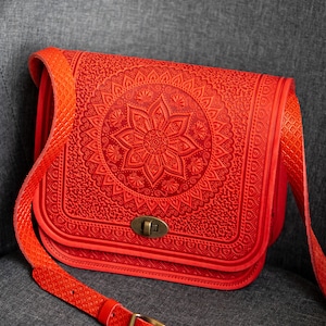 Bolso de hombro vintage de piel roja: bolso de mano auténtico para mujer, cartera grande, regalo único