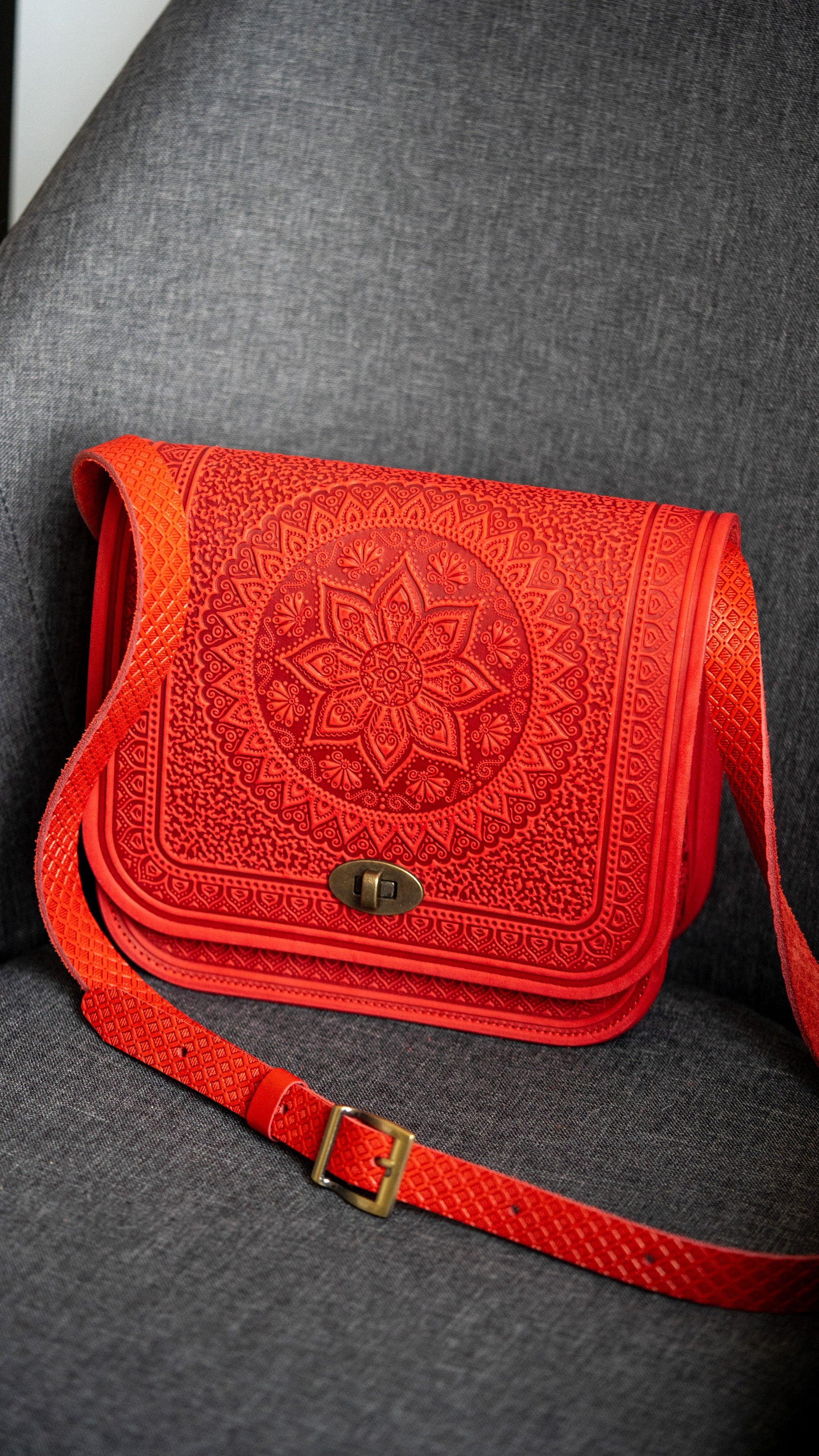 Red genuine leather handbag clearance