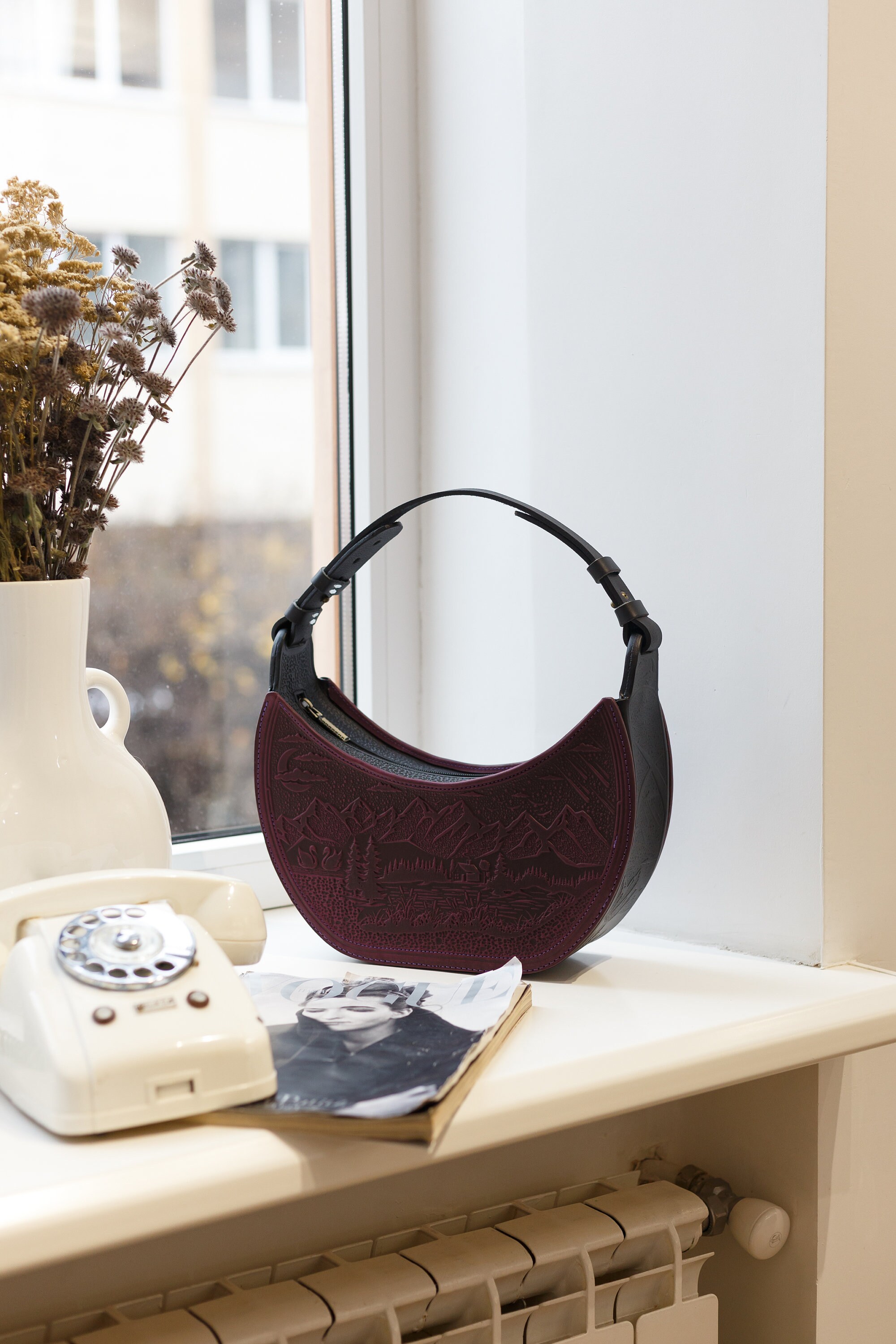 Black/purple Leather Bag, Women Shoulder Bag, Handbag With