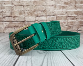 Mint Leather Belt / Genuine Leather Belt / Embossed Leather Belt / Unique Belt / Women Belt / Personalized belt