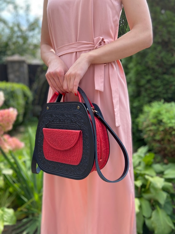 Handmade Black Leather Bag With Red Purse Black Red Crossbody