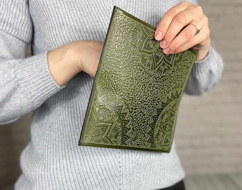 Cartera larga para mujer, Cartera de piel de oliva, Cartera de piel suave, Cartera con monedero, Cartera de mano, Cartera fina imagen 2