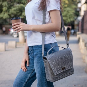 Leather briefcase Grey women bag Embossed bag bag with an ornament Capacious bag Shoulder bag image 8