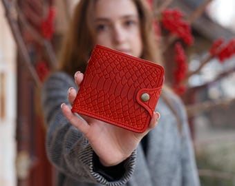 Personalized Slim Red Leather Wallet for Women - Handmade Engraved Boho Purse Gift