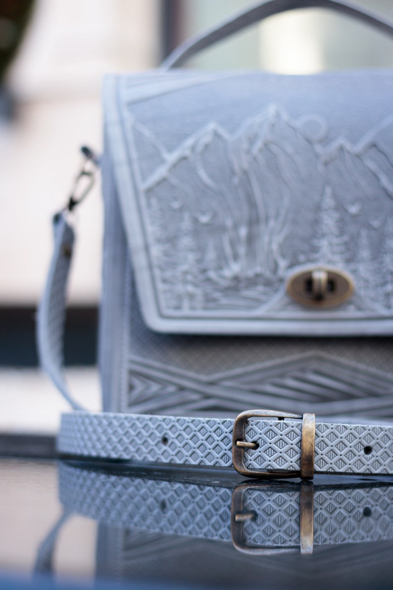 Leather briefcase Grey women bag Embossed bag bag with an ornament Capacious bag Shoulder bag image 2