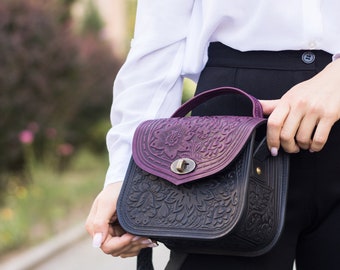 Sacs femme en cuir violet, sac à main en cuir véritable véritable, sacs à main bandoulière en cuir, cadeau pour elle, fabriqué en Ukraine