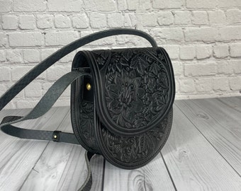 Small Black Bag, Shoulder Leather handbag , Women Round Purse, Round Handmade Bag