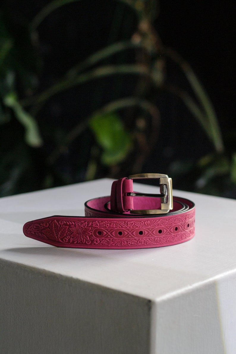 Pink leather belt, genuine leather belt, embossed leather belt, leather belt, unique belt, womens belt image 1