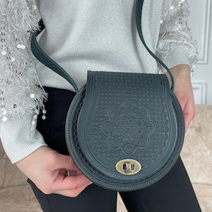 Green Leather Round Bag: Embossed Handcrafted Handbag
