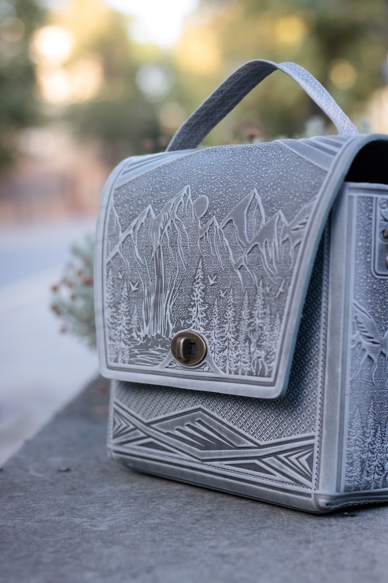 Leather briefcase Grey women bag Embossed bag bag with an ornament Capacious bag Shoulder bag image 3