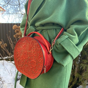 Red Leather Bag Women Round Purse, Genuine Leather Handbag Embossing  Bag Gifts Fo Birthday