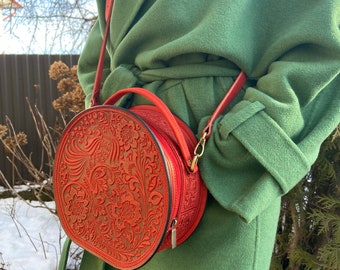 Red Leather Bag Women Round Purse, Genuine Leather Handbag Embossing  Bag Gifts Fo Birthday