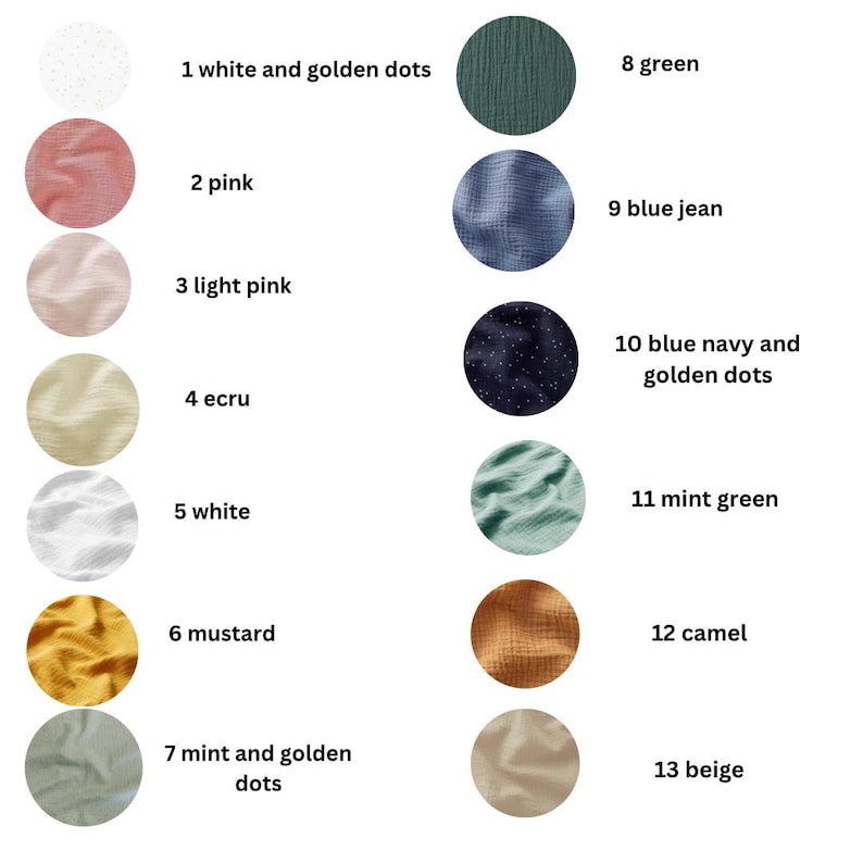 Puede incluir: Una carta de colores con 13 muestras de tela en varios colores. Las muestras incluyen blanco con lunares dorados, rosa, rosa claro, crudo, blanco, mostaza, menta con lunares dorados, verde, azul vaquero, azul marino con lunares dorados, verde menta, camel y beige.