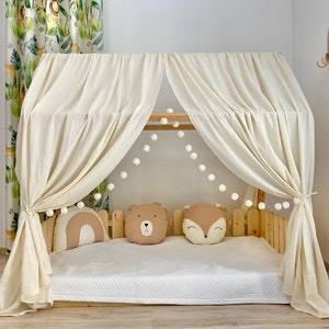 Organic House Bed Canopy with pompoms , Boho style Montessori canopy , Ecru muslin curtains , Nursery room canopy , Kids room canopy