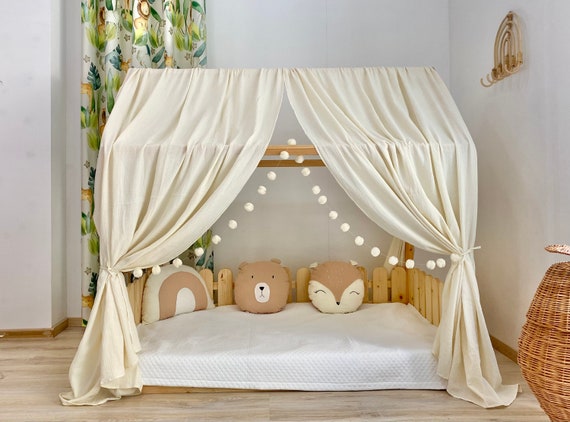 Organic Muslin House Bed Canopy: Boho Nursery Decor with Pompoms