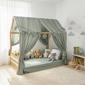 Mint Green Muslin Bed Canopy, Montessori Floor Bed Tent, Woodland Nursery Decor