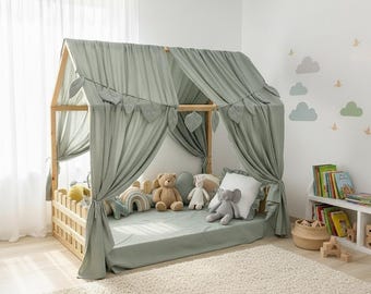 Pink Cotton Muslin Bed Canopy With Unicorns, Boho Nursery Decor