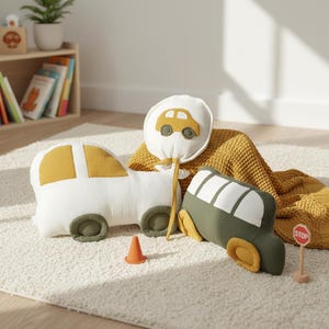 Handmade cotton muslin car pillow for kids room decor, nursery cushion with playful vehicle design