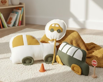 Handmade Car Pillow • Cotton Muslin Nursery Decor, Playroom Cushion