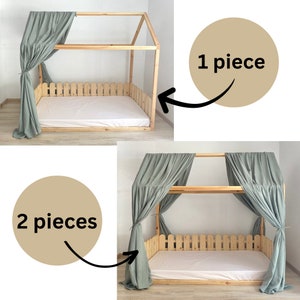 May include: A wooden bed frame with a white mattress and a green canopy. The canopy is made of two pieces of fabric, and the bed frame has a picket fence design around the mattress. The text "1 piece" and "2 pieces" is visible in the image.