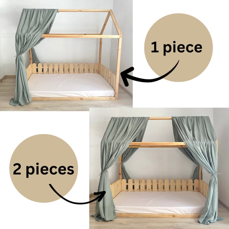 May include: A wooden bed frame with a white mattress and a green canopy. The canopy is made of two pieces of fabric, and the bed frame has a picket fence design around the mattress. The text "1 piece" and "2 pieces" is visible in the image.