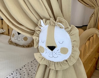 Muslin Lion Curtain Ties: Handmade Safari Nursery Decor