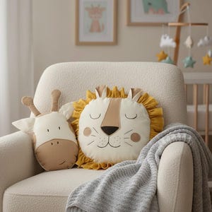 Lion Pillow Kids Room – Safari Nursery Cushion, Handmade Cotton Animal Pillow, Neutral Jungle Decor
