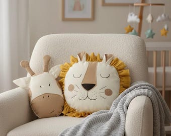 Lion Pillow Kids Room – Safari Nursery Cushion, Handmade Cotton Animal Pillow, Neutral Jungle Decor