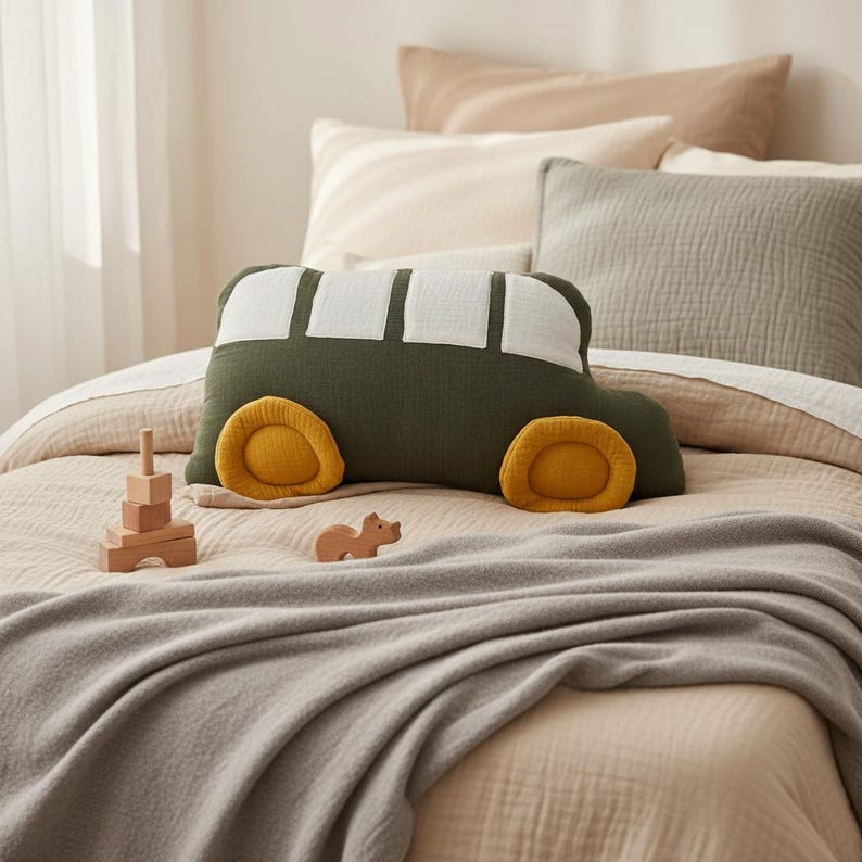 Green school bus shaped pillow with white windows and yellow wheels