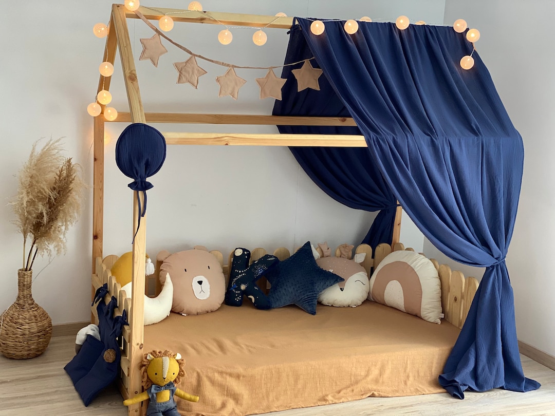 Organic House Bed Canopy, Boho Style Montessori Canopy , Blue Muslin ...