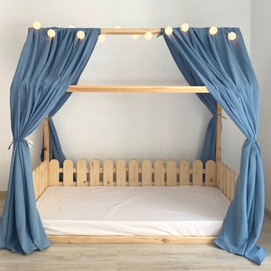 Organic House Bed Canopy, Boho style Montessori canopy , Blue muslin curtains , Nursery room canopy , Kids room canopy , Tent canopy