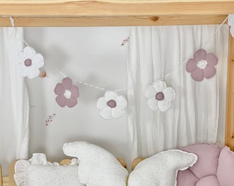 Guirlande bohème en mousseline de coton, drapeau de guirlande pour enfants, guirlande de fleurs de chambre d'enfant, décoration murale, bruants de chambre d'enfant, décoration de chambre d'enfant scandinave, bannière de pédé