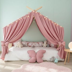 Blush Pink Cotton Muslin Canopy Montessori Floor Bed, Butterfly Tent, Boho Girls Room Decor