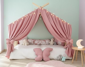 Blush Pink Cotton Muslin Canopy Montessori Floor Bed, Butterfly Tent, Boho Girls Room Decor