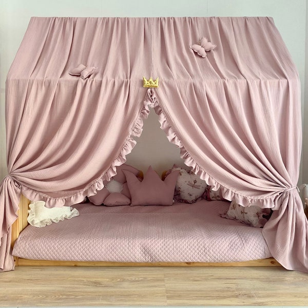 Pink Montessori Bed Canopy ,muslin bed curtains  ,Bed Canopy tent, Princess Canopy for House bed ,House Bed Curtains,Personalized Bed Canopy