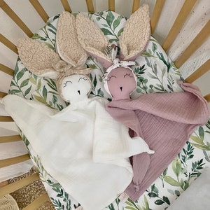 Baby comforter baby bunny, muslin baby comforter blanket, muslin animal lovey, baby shower gift, new baby gift