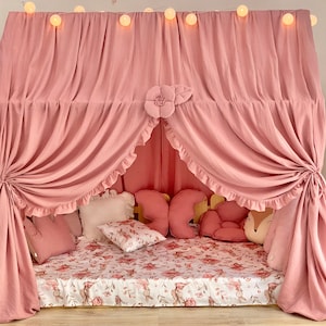 Baldacchino rosa Montessori per letto, tende in mussola per letto, tenda a baldacchino per letto, baldacchino per cameretta per bambini per letto a casa, tende per letto a casa, baldacchino personalizzato per letto