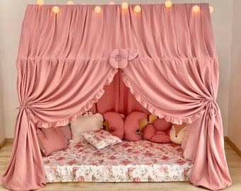 Roze Montessori Bed Canopy, mousseline bedgordijnen, Bed Canopy tent, Kinderkamer Canopy voor Huisbed, Huisbedgordijnen, Gepersonaliseerde Bed Canopy