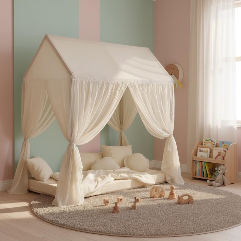 Muslin fabric canopy over reading pillows