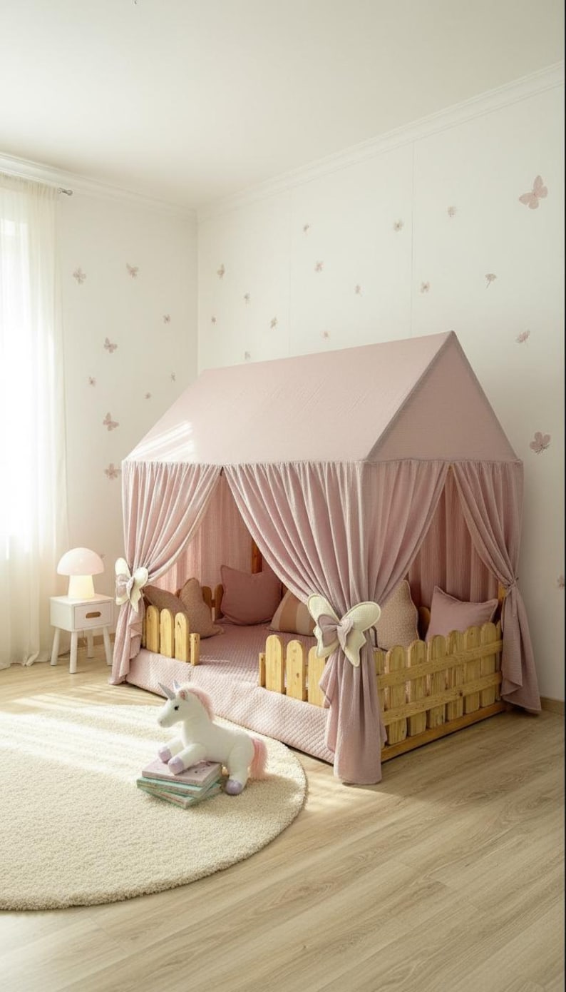 Muslin fabric canopy over reading pillows